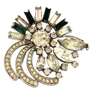 Kramer of NY New York Signed Green Clear Art Deco Rhinestone Spray Brooch Pin